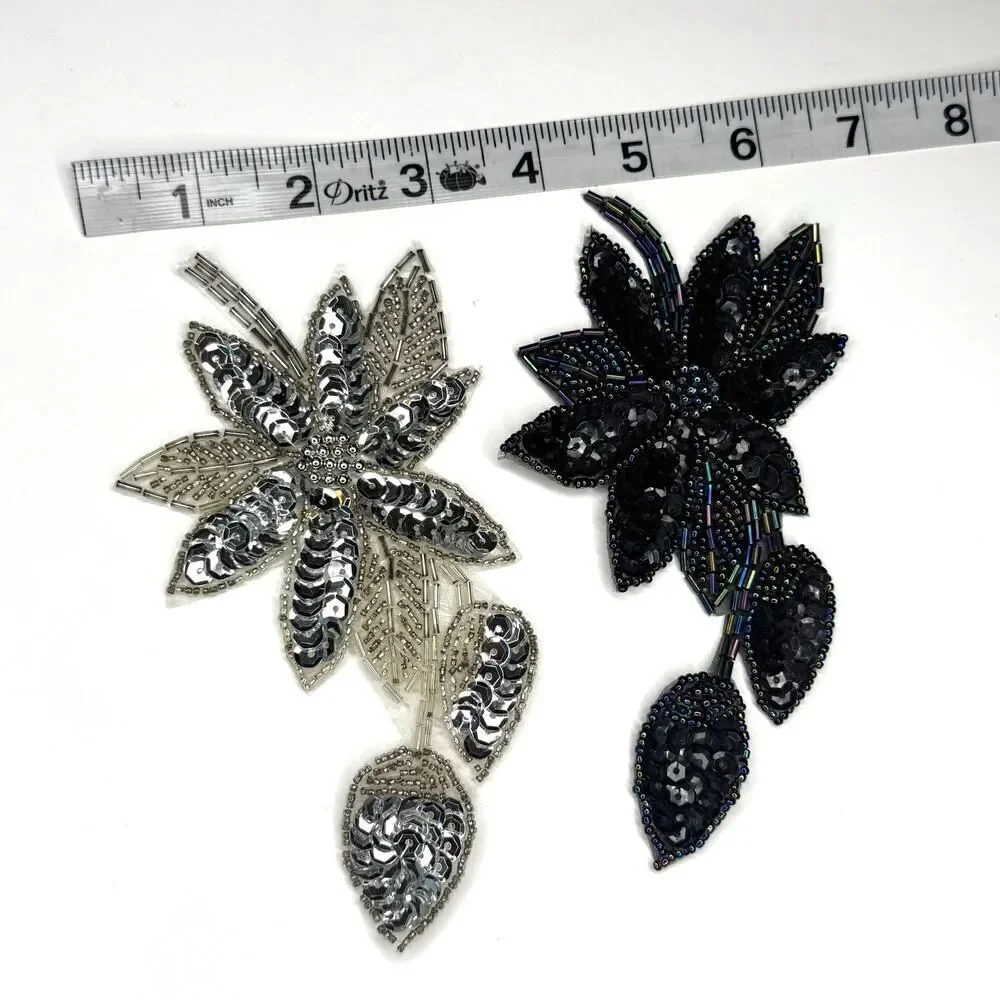 Set of 2 Large Beaded Sequin Floral Appliqués – Silver & Black